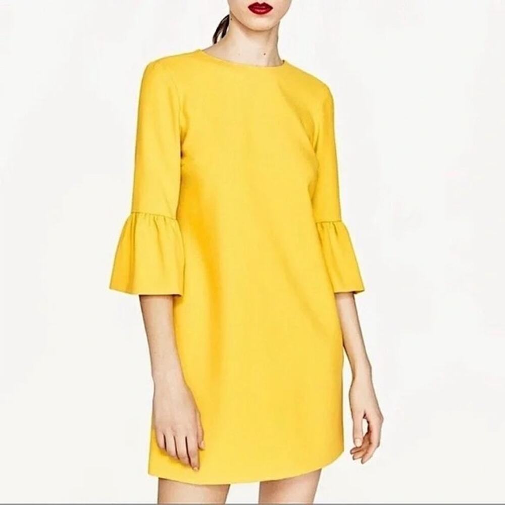 Zara Vibrant Frill Bell Sleeves Relaxed Fit Shift Mini Dress Back ZipUp S Yellow